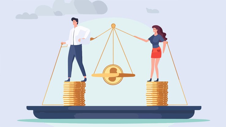 Vector gender equality concept man and woman balancing on scales vector illustration