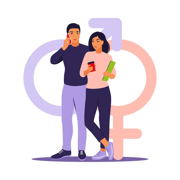 Gender equality concept. Men and women character on the scales for gender equality.   illustration. Flat.