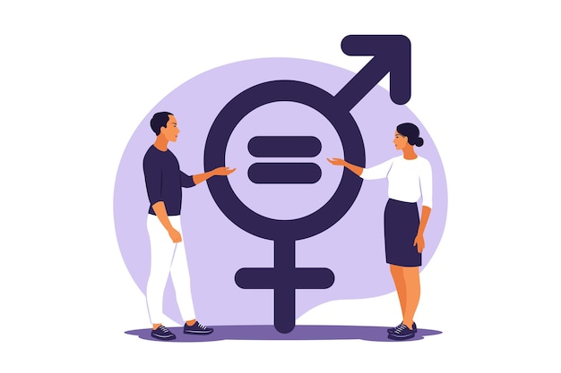 Vector gender equality concept. men and women character on the scales for gender equality. vector illustration. flat.