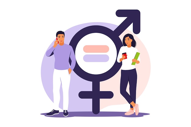 Gender equality concept. Men and women character on the scales for gender equality. Vector illustration. Flat.