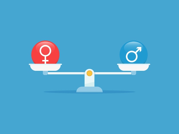 비늘에 균형을 이루는 성별 기호가 있는 성 평등 개념