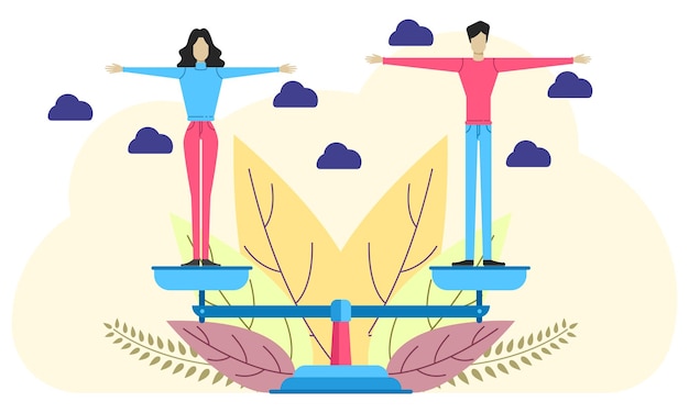 Gender equality flat vector illustration. Man and woman standing on a scale portraying equality.