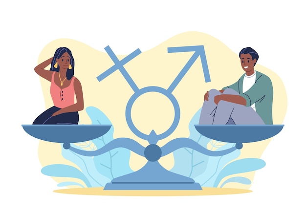 Vector gender equality man and woman sitting on scales bowls male and female opportunity differences comparison measuring equipment tolerance and fairness equal rights vector concept