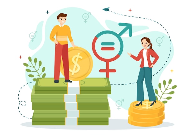 Vector gender equality vector illustration with men and women character on the scales showing equal balance