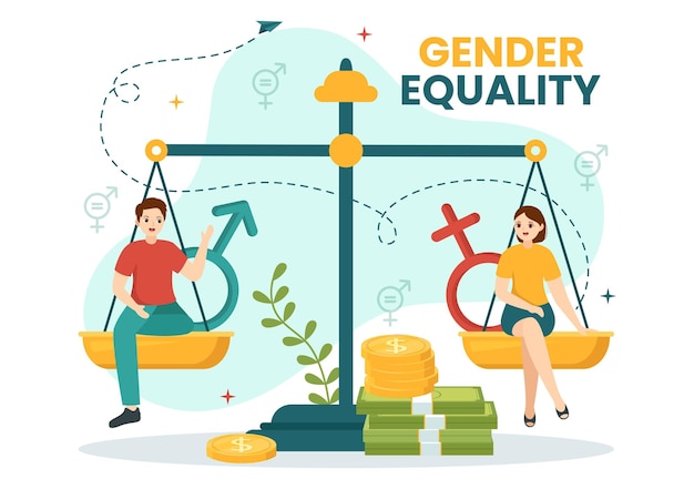 Vettore illustrazione di vettore di uguaglianza di genere con uomini e donne carattere sulle scale che mostrano pari equilibrio