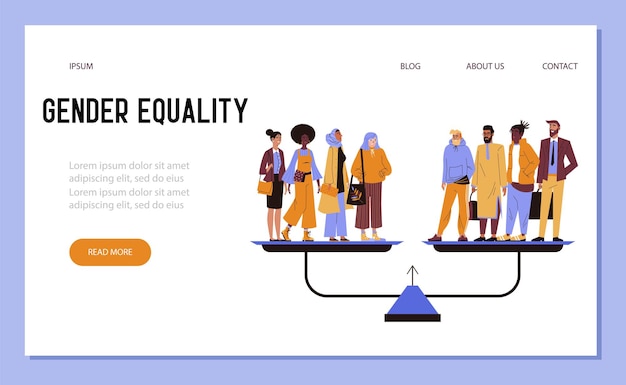 Gender equality website with men and women on scales flat vector illustration