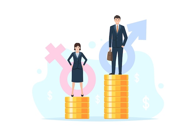 Gender gap, unequal salary pay, financial right difference. businessman and businesswoman on different coin stack representing diversity in wage level vector illustration isolated on white background