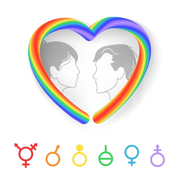 Gender identity choice lgbt pride month with female and male face in rainbow heart gender signs