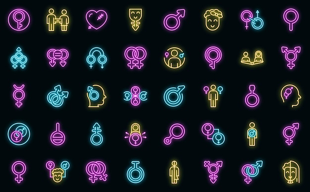 Gender identity icons set. Outline set of gender identity vector icons neon color on black