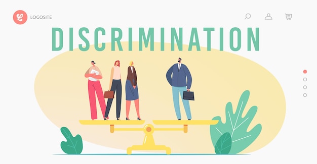 Gender Inequality, Sex Discrimination Fairness Landing Page Template. One Businessman and Three Businesswomen Characters Stand on Scales. Woman Rights, Imbalance. Cartoon People Vector Illustration