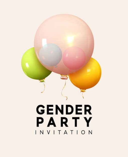 Vector gender party. realistic helium balloons, large transparent inside, two small pink and blue colors. banner and poster, background with ballons on the ribbon. vector illustration