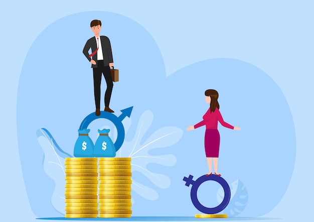ベクトル 男女間の賃金格差の男女間格差賃金給与または性別多様化の概念に関する収入の問題はるかに多くの支払われたお金のコインの上に立つビジネスマン、少ない収入のコインの上に立つ女性