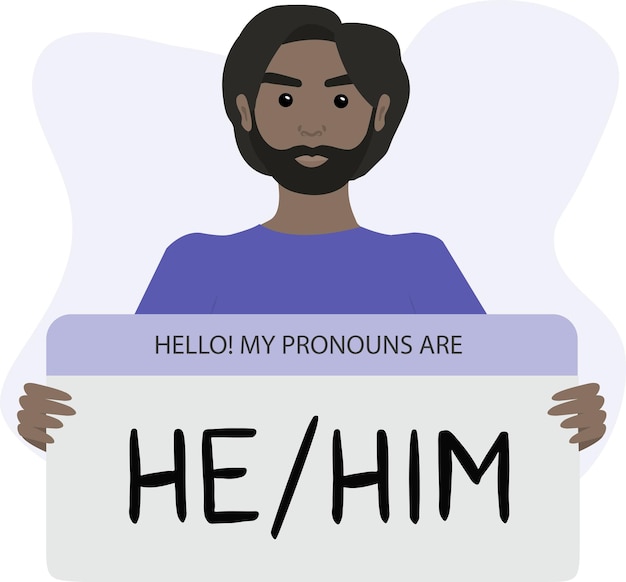 Gender pronouns. Male person holding sign with pronoun. Vector illustration.