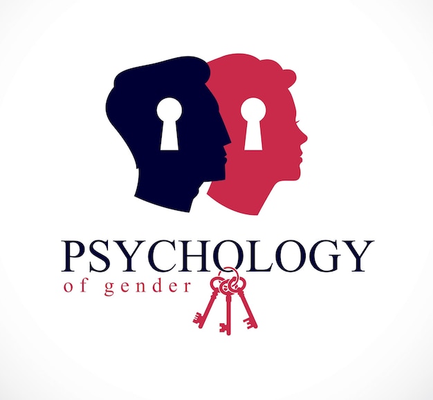 Gender psychology concept created with man and woman heads profiles and keyhole with key of understanding, vector logo or illustration of relationship problems and conflicts in family and society.