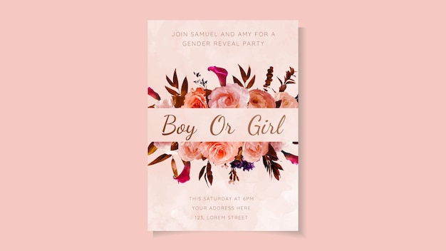 Gender reveal party invitation in cute floral design template