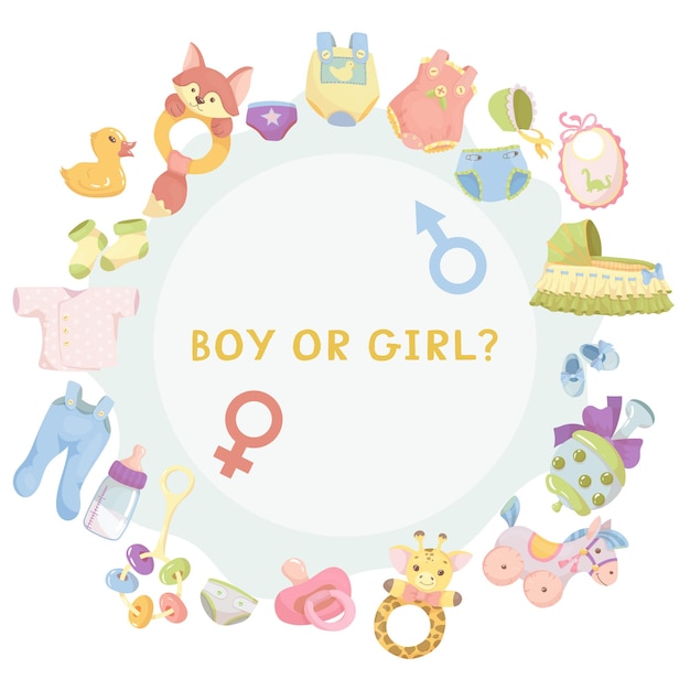 Modello di invito alla festa di rivelazione di genere. maschio o femmina? baby doccia clipart. colori blu e rosa. rivelazione di genere. illustrazione vettoriale isolato su sfondo bianco