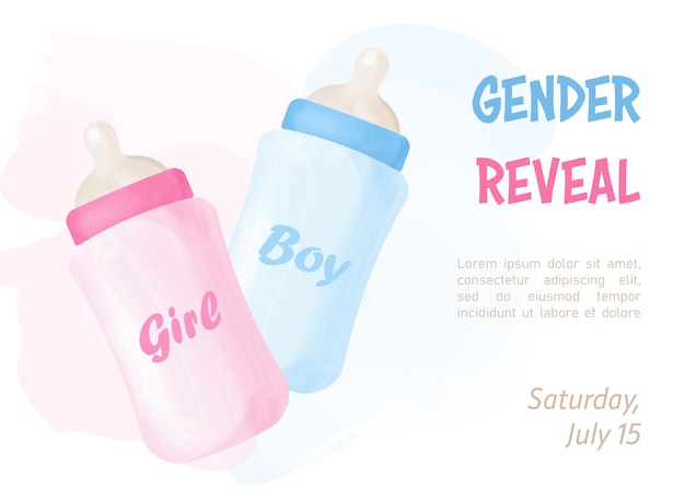 Vector gender reveal party invitation vector template with pink and blue feeding bottles he or she