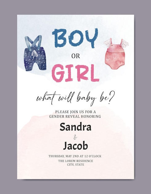 Vector gender reveal watercolor invitation card template