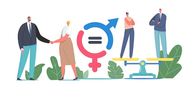ベクトル ジェンダーの性の平等とバランスの概念。握手する男性と女性のビジネスキャラクター、ビジネスマンと女性実業家は、スケール、同等の給与、フェミニズムに立っています。漫画の人々のベクトル図