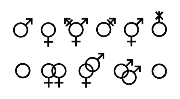 Vector gender symbol set black pictogram male and female sign transgender nonbinary and agender symbol