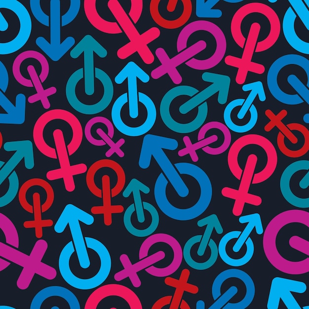 Simboli di genere, tema di categoria sessuale sfondo vettoriale senza soluzione di continuità. simboli maschili e femminili, possono essere utilizzati nel design.
