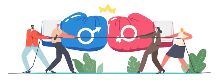 Vector gender team rivalry, office superheroes fight concept. male and female businesspeople characters tug of war competition, battle with boxing gloves and crown. cartoon people vector illustration