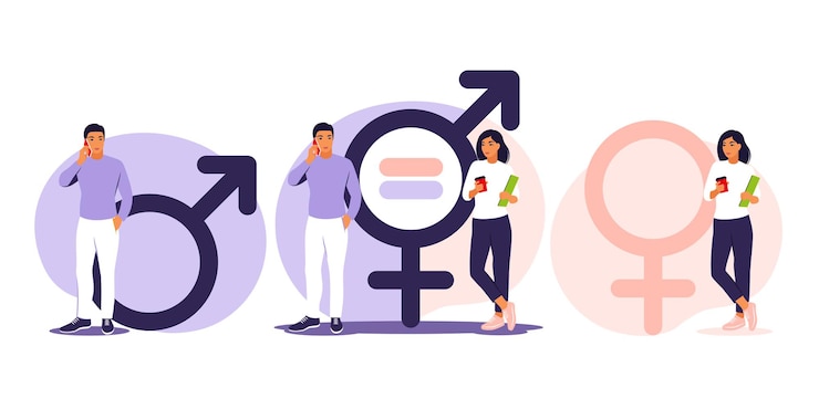Gendergelijkheid concept. Mannen en vrouwen karakter op de schalen voor gendergelijkheid. illustratie. Vlak.
