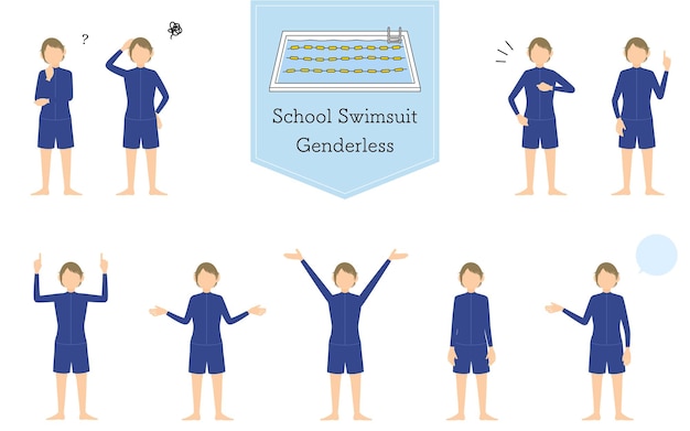 Genderless student posed set in Genderless swimsuitQuestioning worrying undertaking pointing etc