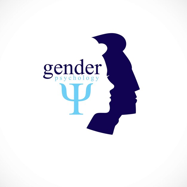 Genderpsychologieconcept gemaakt met profielen van man en vrouw, vectorlogo of symbool van relatieproblemen en conflicten in familie, hechte relaties en de samenleving. eenvoudig ontwerp in klassieke stijl.