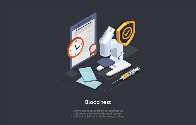 Geneeskunde en chemische analyseconcept. De monsters analyseren in het laboratorium. De microscoop, injector en blanco voor het samenstellen van de resultaten van bloedonderzoek