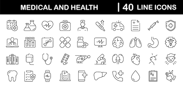 Geneeskunde en gezondheid set van web iconen in lijn stijl Medische iconen voor web en mobiele app Geneesmiddelen en gezondheidszorg symbolen Noodmedische apparatuur RX MRI dokter lab virus recept