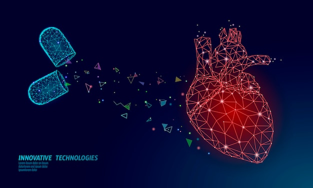 Geneeskunde hart geneeskunde behandeling. menselijke gezondheidsdiagnostiek vasculaire orgaansysteem pil vitamines. cardiologie hart beschermen concept. laag poly