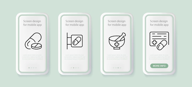 Geneeskunde ingesteld pictogram pillen apotheek ehbo-kit drugs recept ziekte ziekenhuis arts gezondheidszorg concept ui telefoon app schermen met mensen vector lijn pictogram voor business en reclame