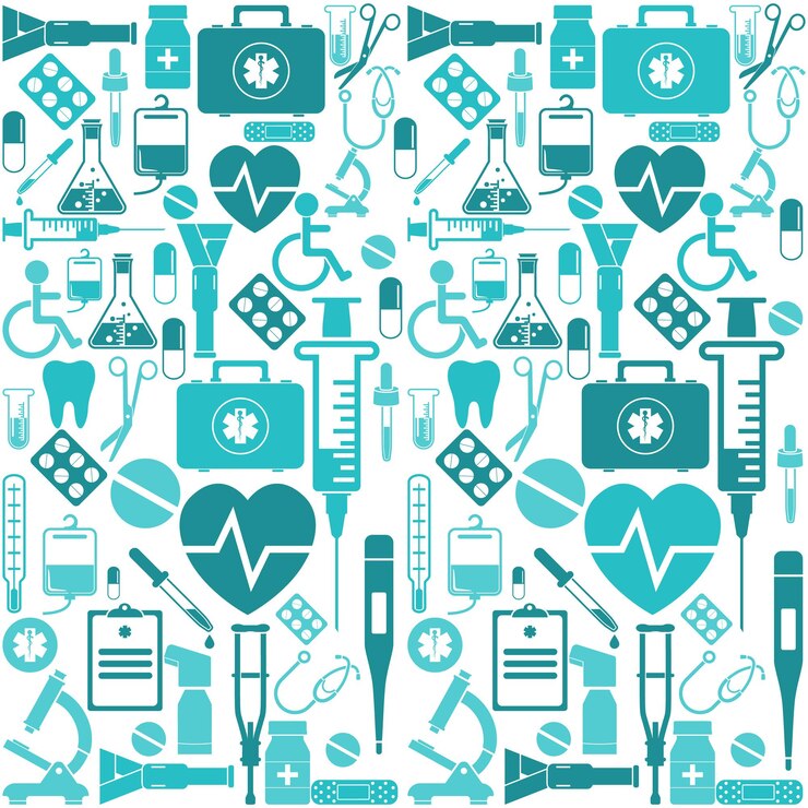 Vector geneeskunde naadloze patroon. pictogrammen medische naadloze patroon textuur. elementen medische hulp, achtergrond. vector illustratie platte ontwerp afbeelding.