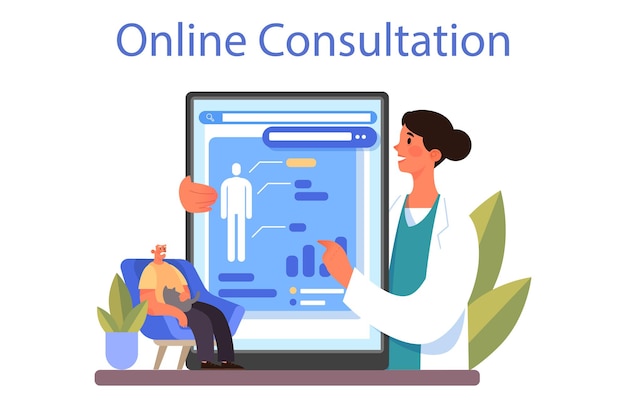 Geneeskunde online service of platform. Zorgspecialist, moderne geneeskunde behandeling, expertise en diagnostiek. Online consultatie. Platte vectorillustratie