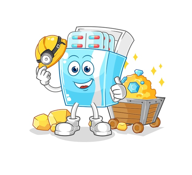 Geneeskunde pakket mijnwerker met gouden karakter cartoon mascotte vector