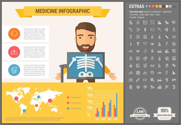 Vector geneeskunde platte ontwerp infographic sjabloon en pictogrammen instellen