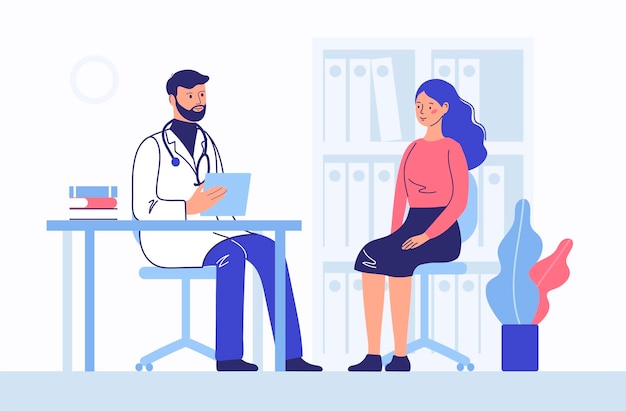Geneeskundeconcept met arts en vrouwenpatiënt. Consultatie en diagnostiek.