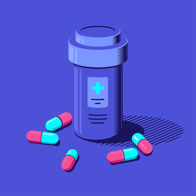 Geneeskundefles en pillen op blauwe achtergrond. medicatie, farmaceutisch concept. vlakke stijl illustratie.