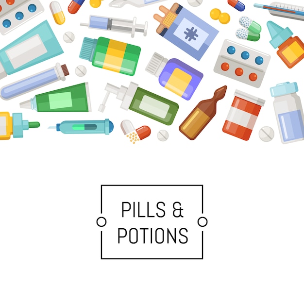 geneesmiddelen banner, pillen en drankjes met plaats voor tekst