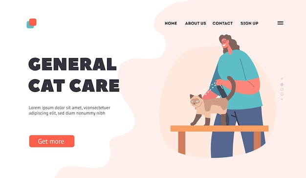 Vector general cat care landing page template professional service for animals hairdresser female character spraying cosmetics on cat hair at groomer salon pet grooming cartoon people vector illustration