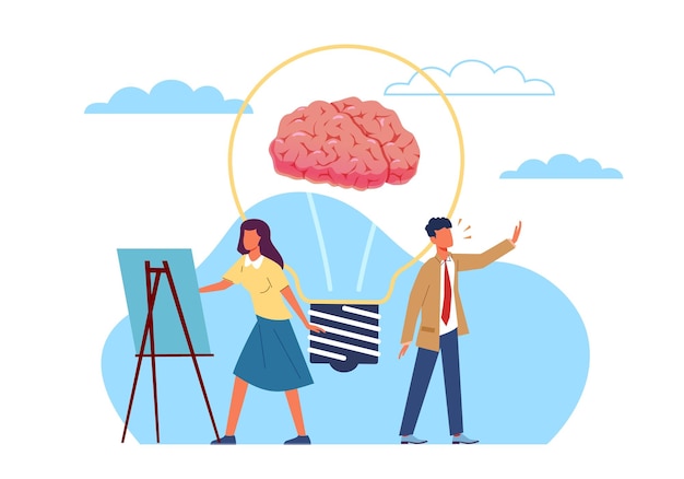 General creative inspirational idea Woman artist and man actor people with creative talent light bulb with brain successful creative process shared vision vector cartoon flat concept