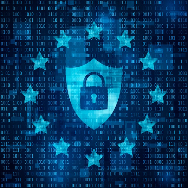 一般データ保護規則-gdpr。南京錠付きのシールド、データ保護。ブルーマトリックスの背景の星。図