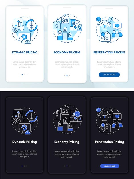 General pricing methods night and day mode onboarding mobile app screen. Walkthrough 3 steps graphic instructions pages with linear concepts. UI, UX, GUI template. Myriad Pro-Bold, Regular fonts used