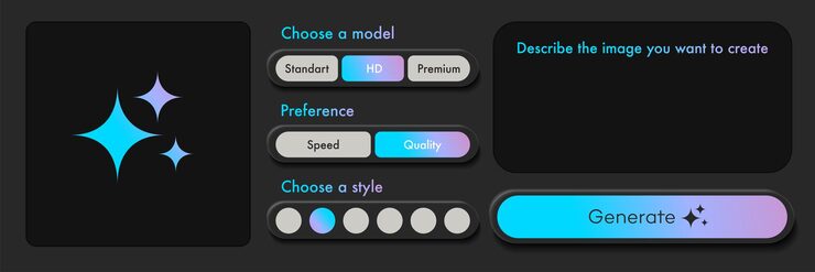 Vector generate ai image user interface dark theme with tools button window for promt text trendy style artificial intelligence buttons trendy neumorphic for ui ux element app website vector