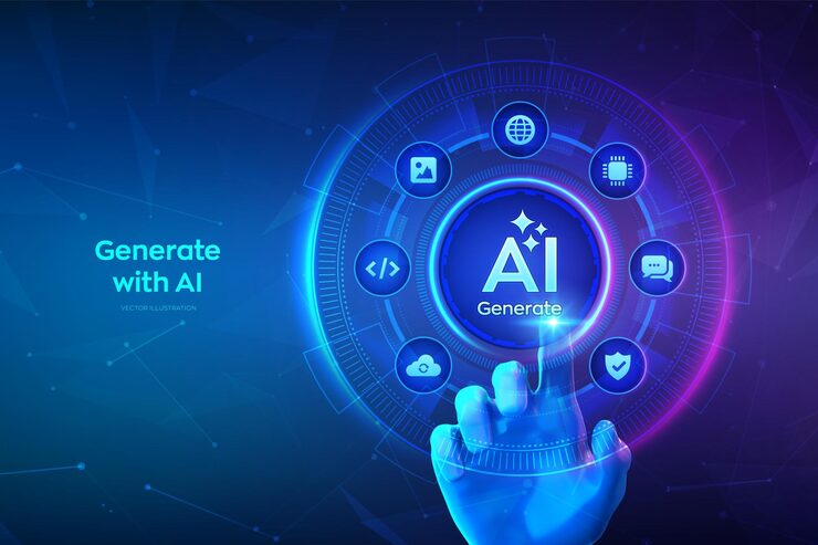 Vector 使用人工智能按鈕產生 人工智能和機器學習技術概念 ai通過命令提示符進入以產生想法 手即將按下一個產生ai按鈕 向量圖