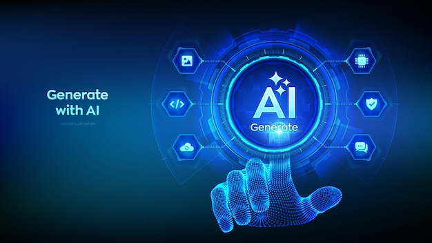 使用人工智能按鈕產生 人工智能和機器學習技術概念 AI通過命令提示符進入以產生想法 手即將按下一個產生AI按鈕 向量圖