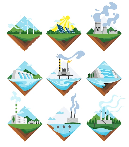 Vector generation energy types icon set power stations sign collection modern technology ecological no emissions industry sustainability concept