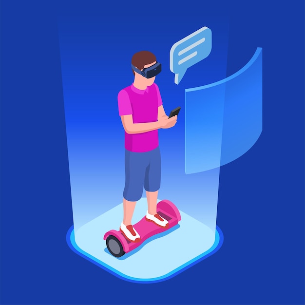 Vector generation z isometric infographic composition with guy on segway board in vr glasses with chat bubble vector illustration