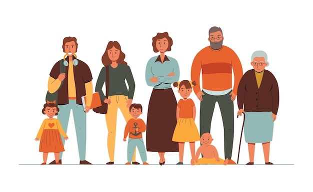 Vector generations family composition with flat cartoon style characters of family members with elderly people adults and kids vector illustration